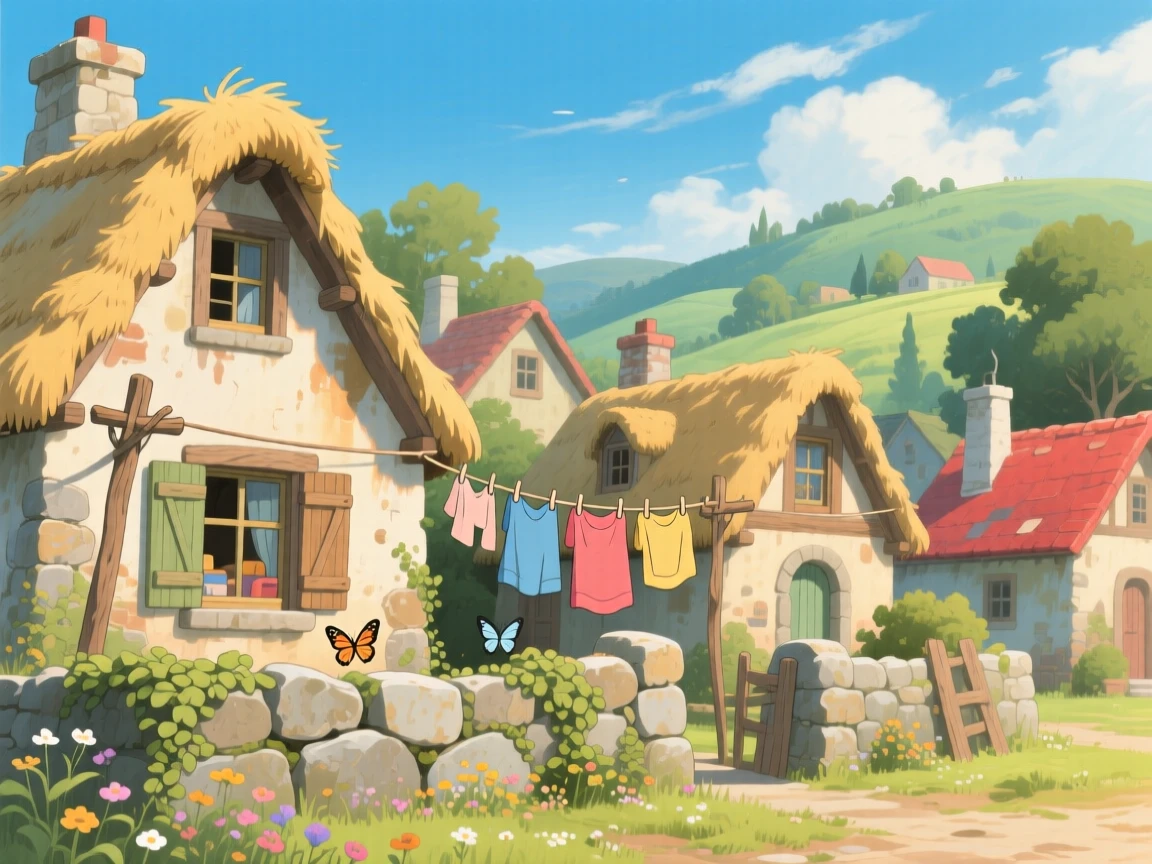A cluster of stone cottages with thatched roofs, with laundry lines strung between houses, fluttering in the breeze, under a warm afternoon sun.