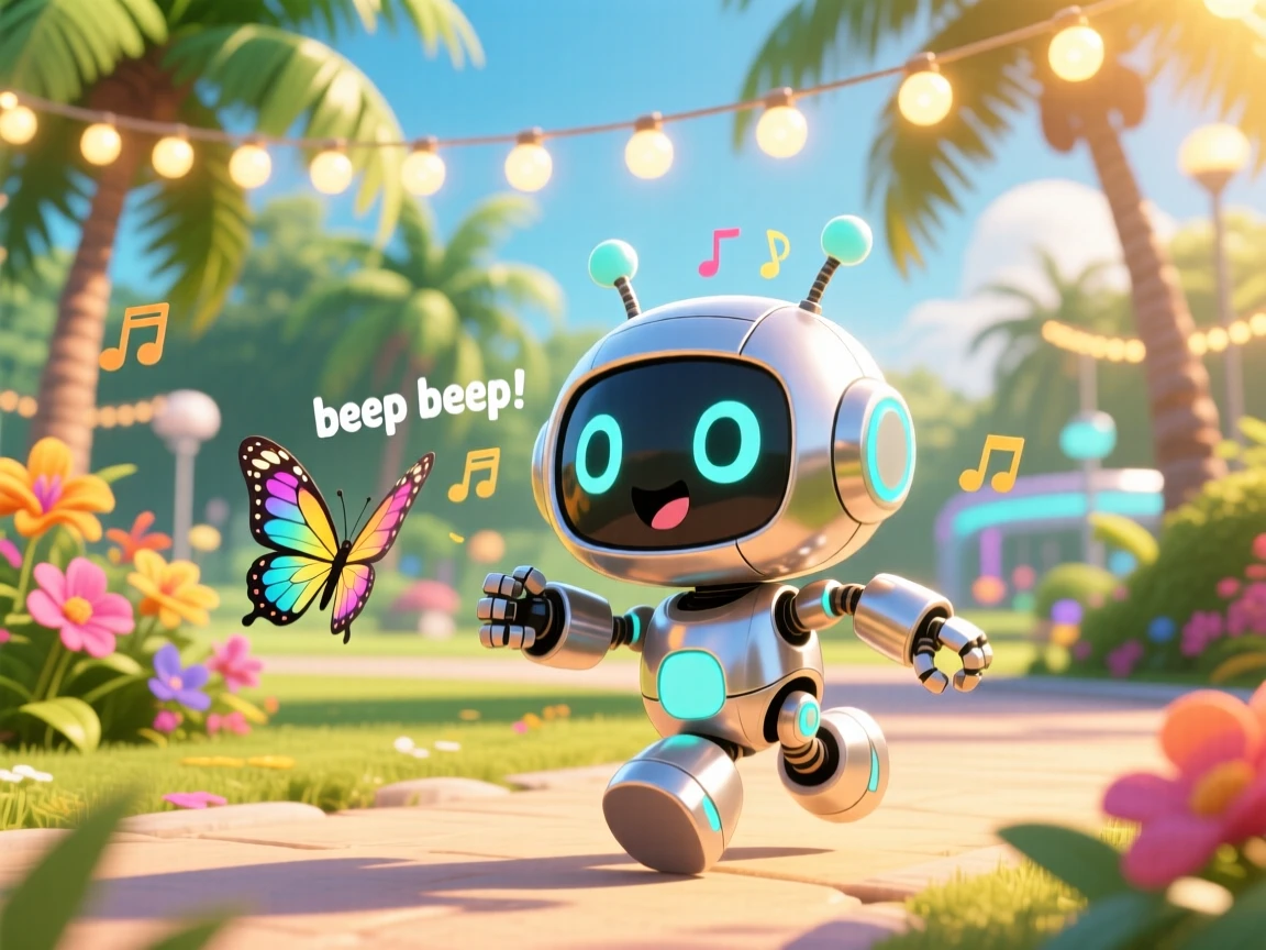 Extreme close-up of a tiny robot companion, beeping happily while chasing a butterfly, in a sunlit futuristic park, on a warm tropical afternoon, illuminated by glowing string lights, radiating playful mischief.