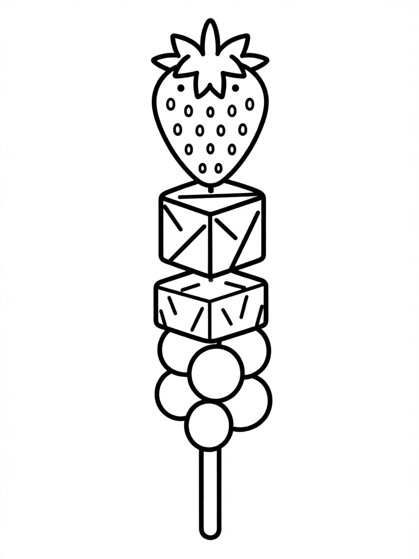 A fruit kabob with strawberries, pineapple, and grapes