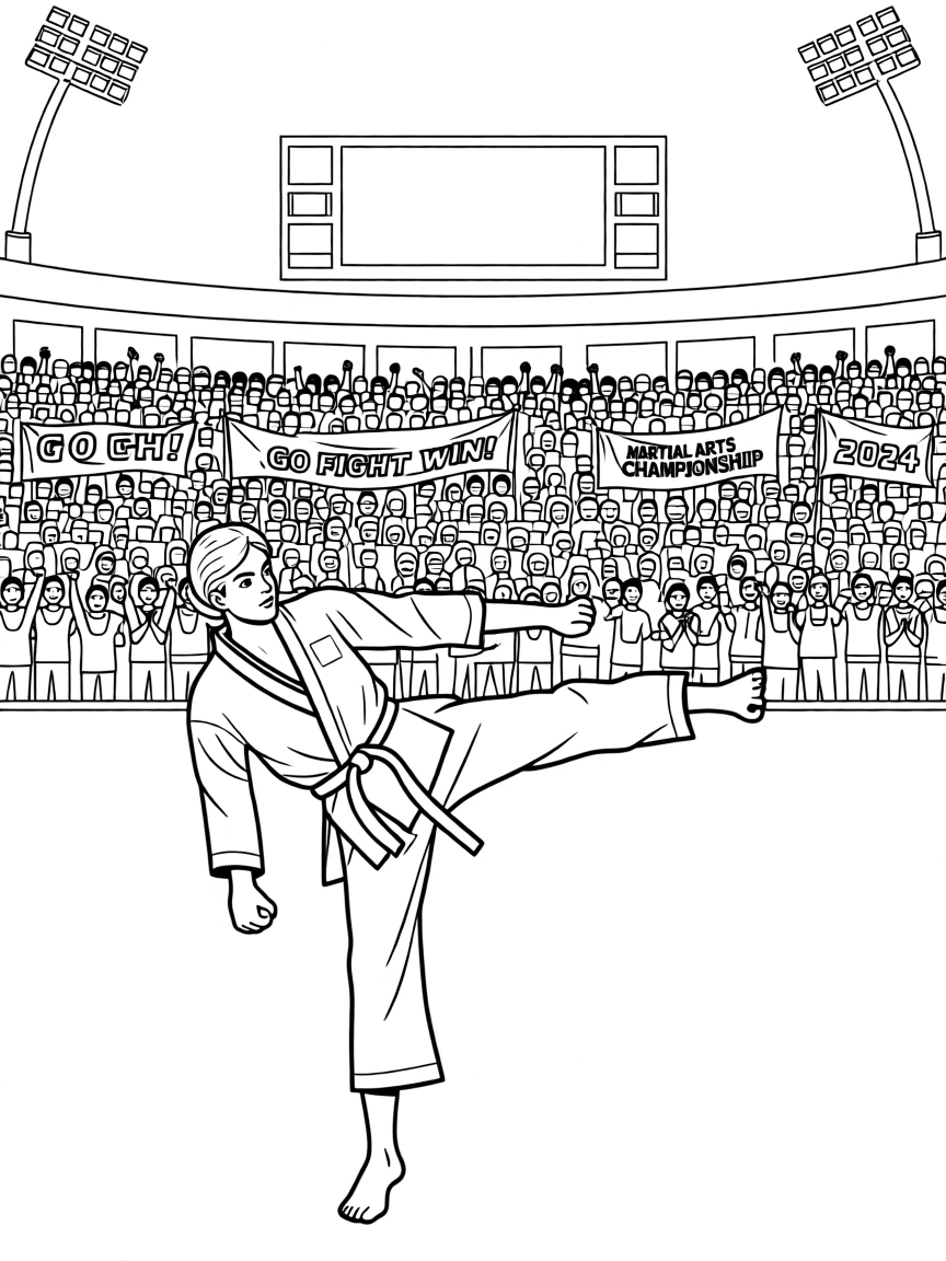 A martial artist executing a high spinning kick, with a stadium crowd cheering in the background.