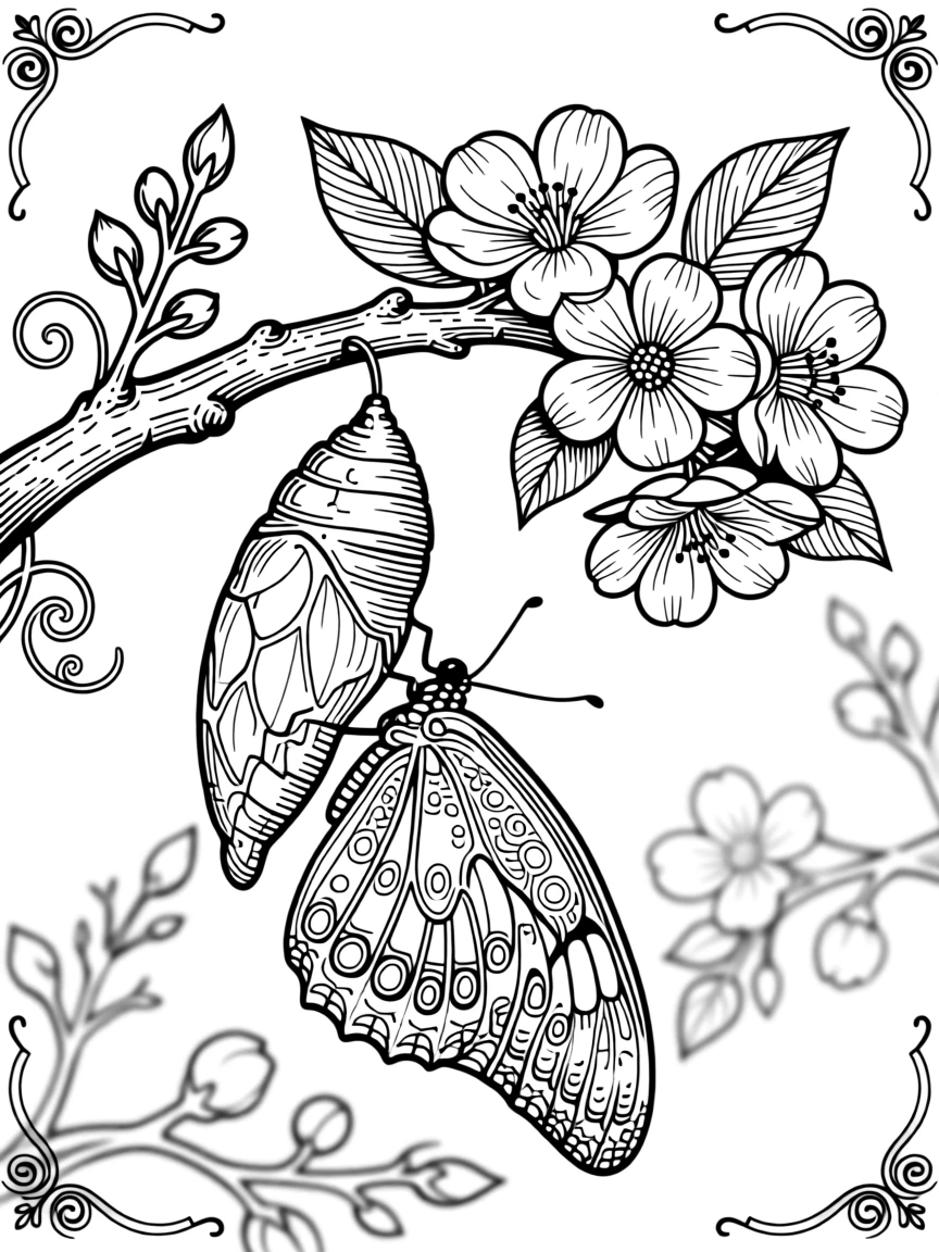 A butterfly emerging from a cracked chrysalis on a blooming branch.