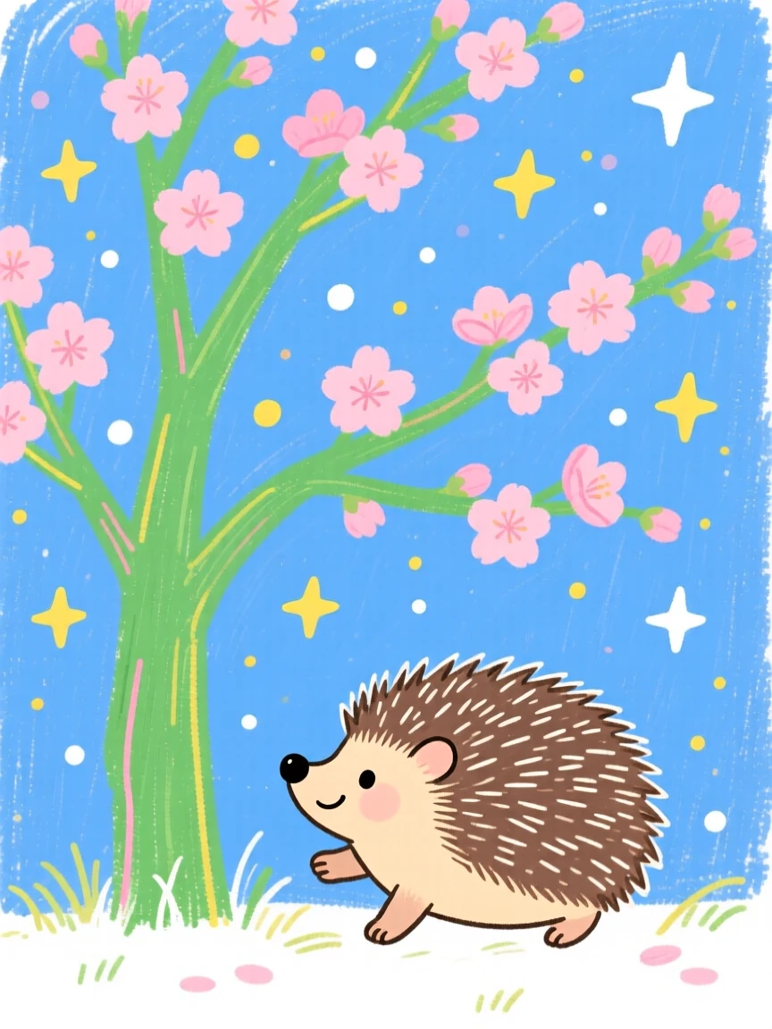 A small hedgehog playing under a blossoming tree under a clear starry sky.