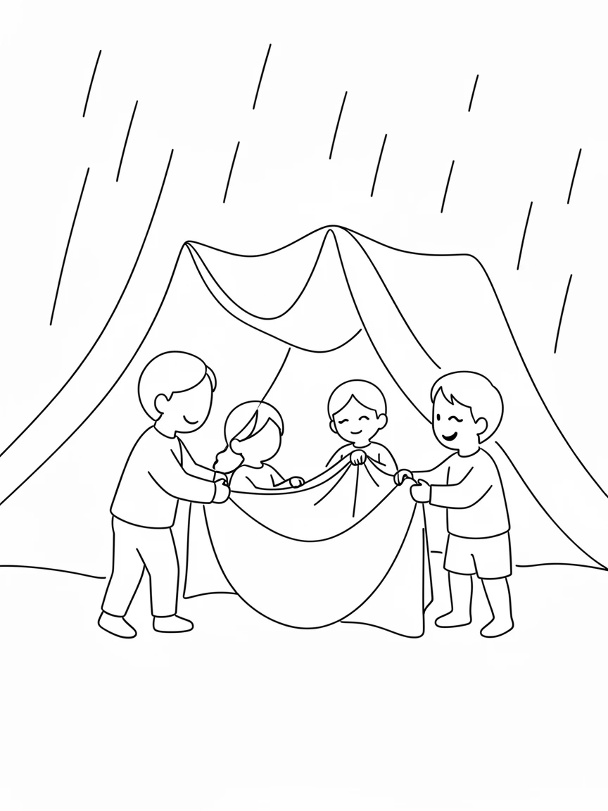 A group of siblings building a blanket fort together on a rainy afternoon