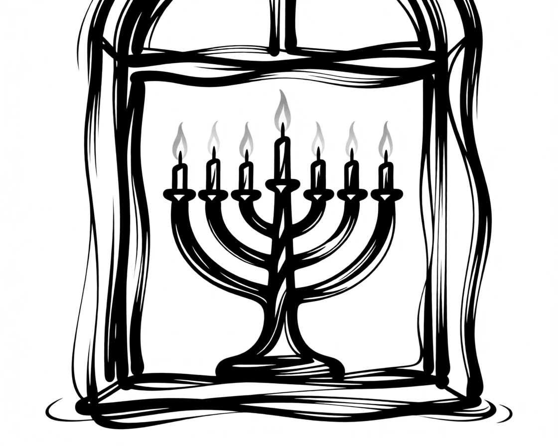 A festive Hanukkah scene with a glowing menorah in a window.