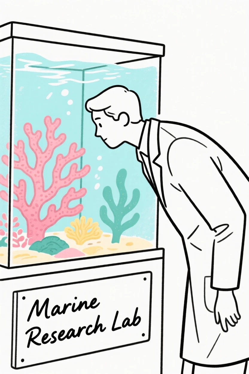 A biologist observing coral growth inside a marine research tank.