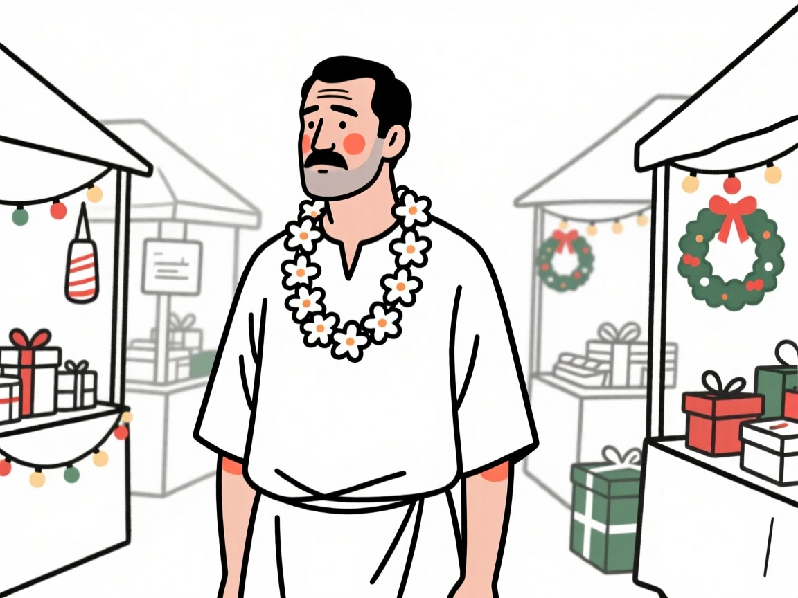 A man in his forties of Turkish heritage wearing a traditional Hawaiian lei and dress, lost in quiet contemplation, at a bustling holiday market.