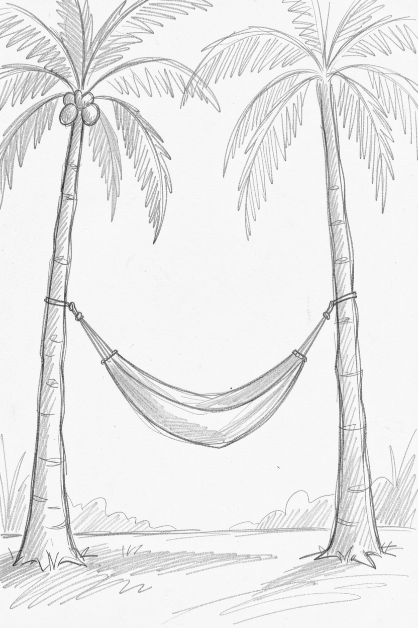 A peaceful moment of a hammock swaying gently between two palm trees in complete stillness and silence, capturing a moment of pure stillness.