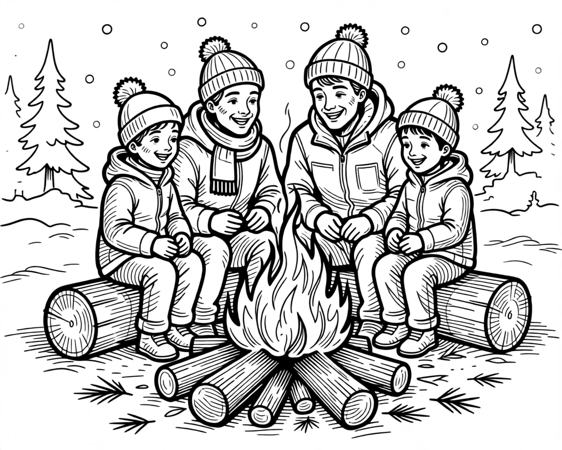 A joyful family gathering around a bonfire during a winter camping trip.