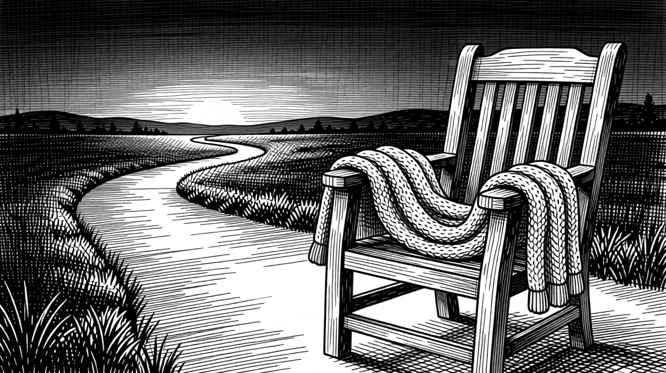A path winding toward a distant sunrise as the last light of day fades gently away, with a soft knitted throw draped over the arm of a chair, evoking a full of quiet gratitude sense of calm.