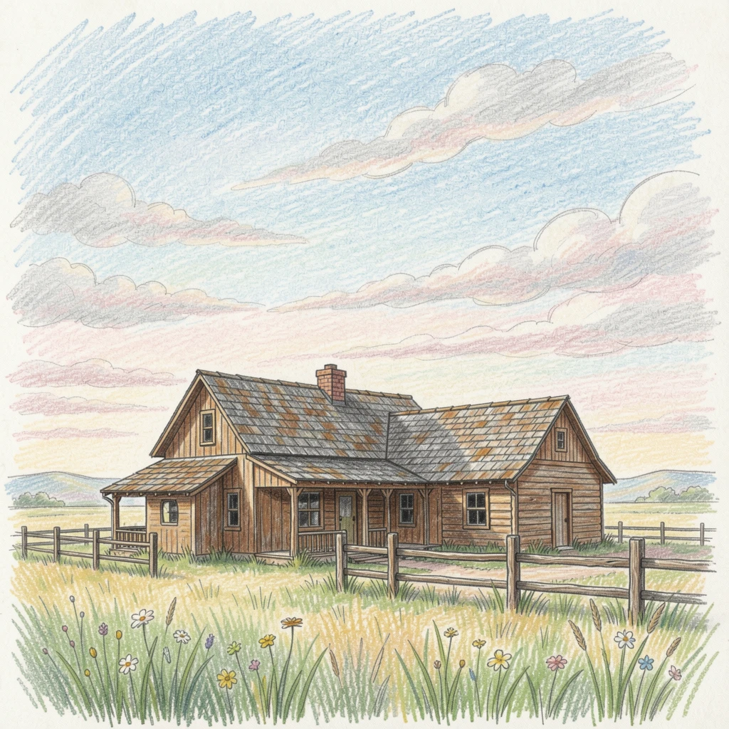 A rustic ranch homestead beneath a wide open prairie sky, set against a softly lit, atmospheric backdrop, full of charm, emotion, and visual delight.