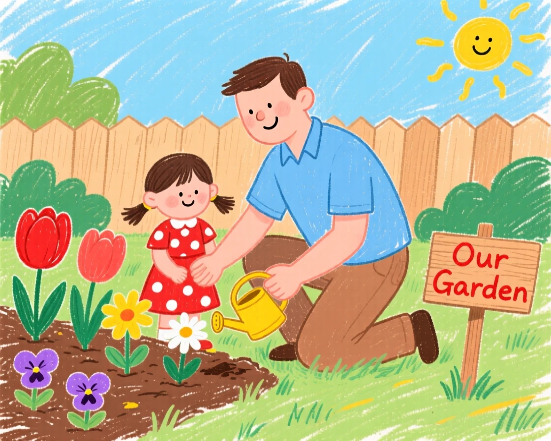 A father and daughter planting flowers together in a backyard garden.