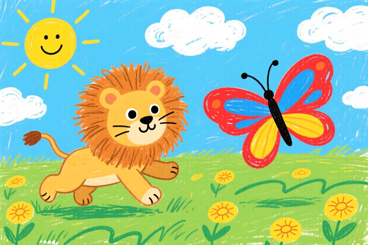 A fuzzy lion cub chasing a butterfly across a sunny field.