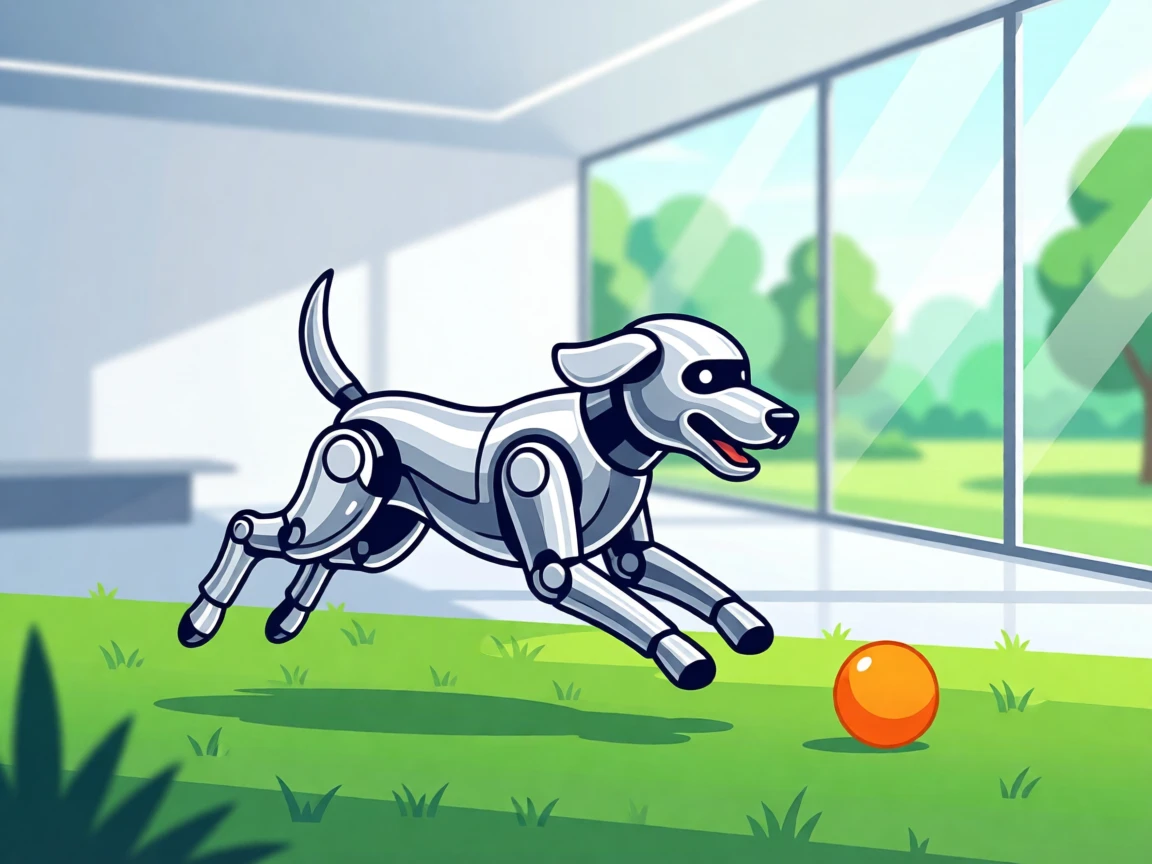 A robot dog playfully chasing a ball in a park, set within a sleek, softly lit modern space, framed with a crisp, high-clarity central focus, with sleek metallic textures catching soft light.