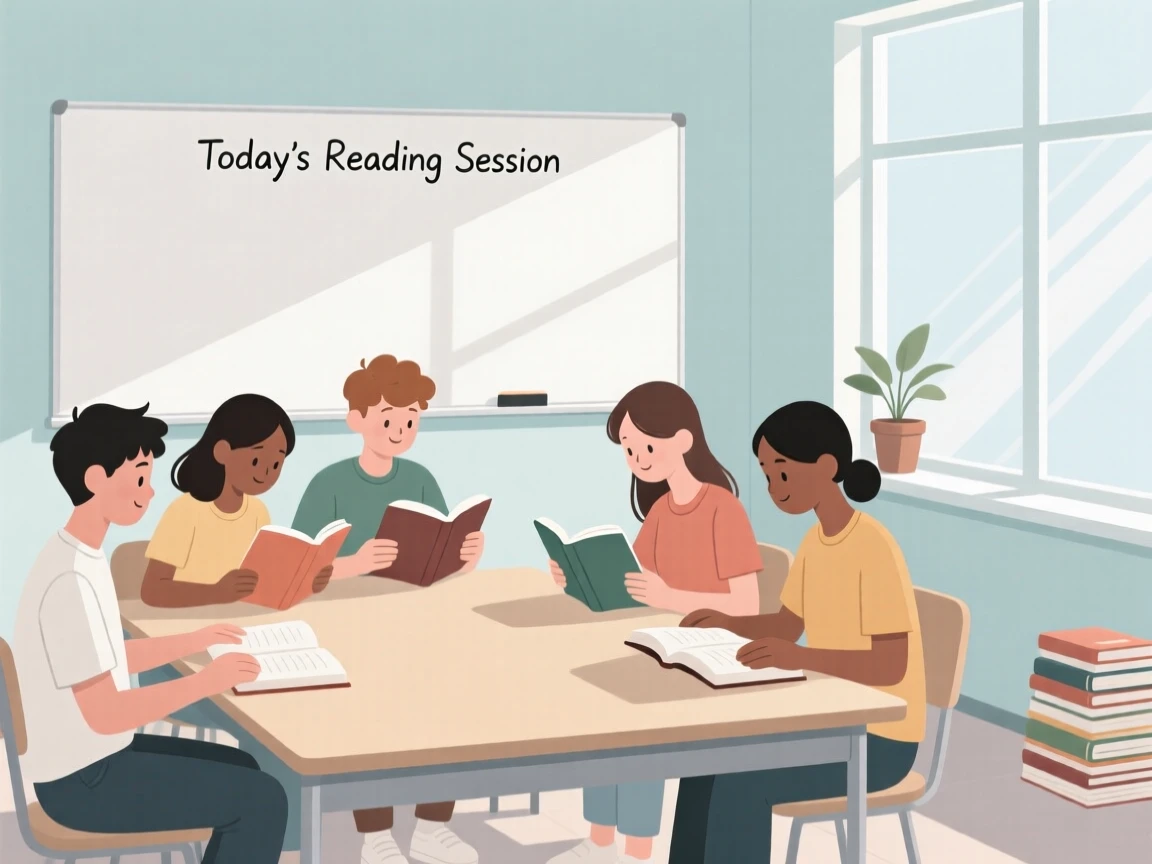 A group of students reading together in a bright classroom.
