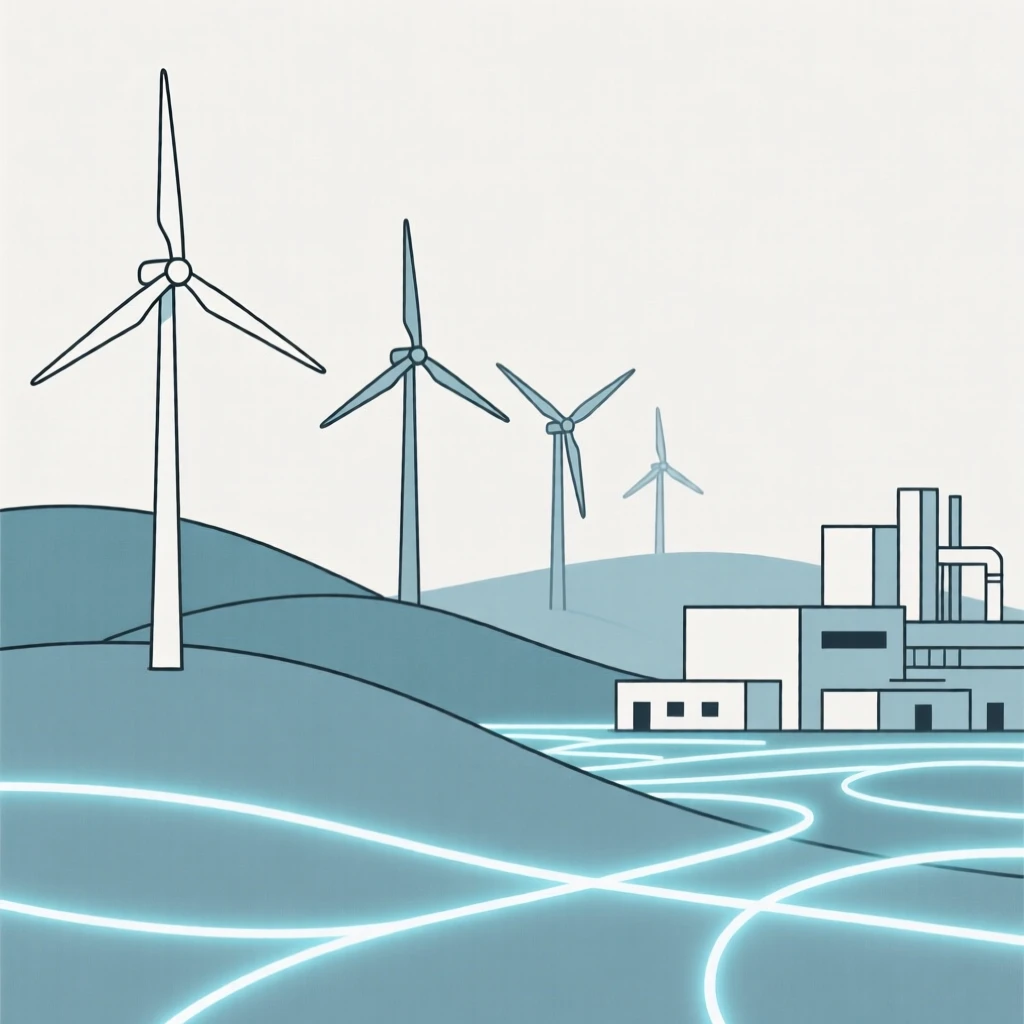 A view of wind farm on rolling hills operating within a clean industrial facility, near a network of glowing wires, evoking calm technological harmony.