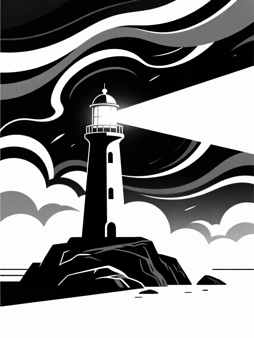 An island lighthouse glowing against a stormy sky.