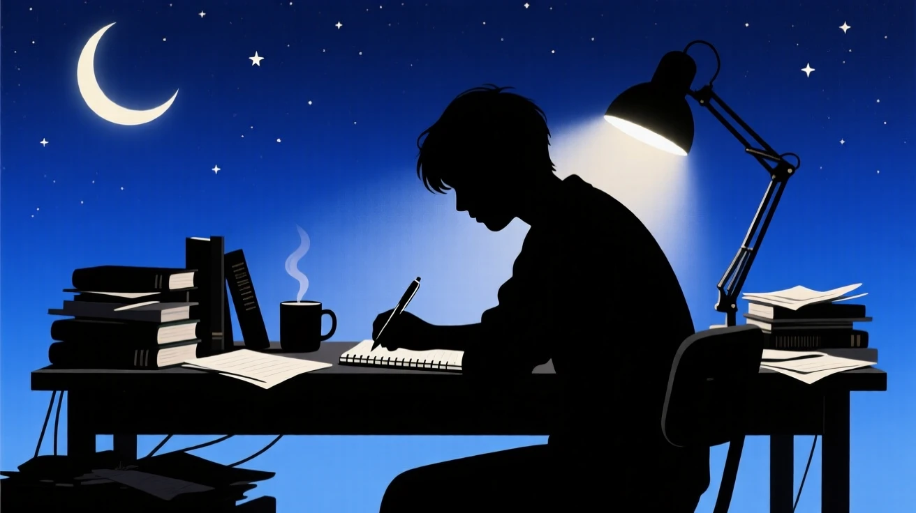 A student studying by lamplight at a cluttered desk late at night.