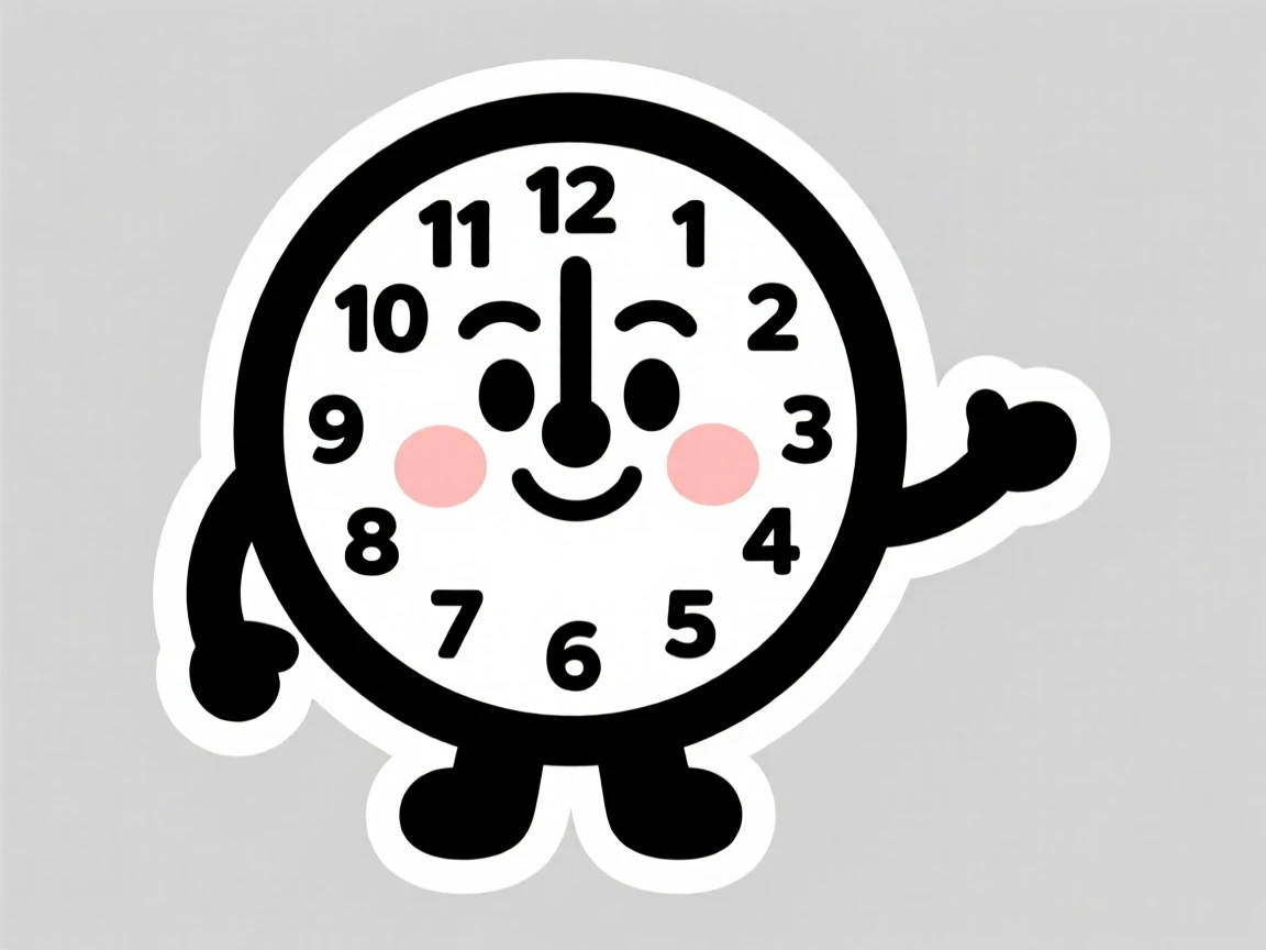 A gently expressive friendly clock character teaching time-telling, with cheerful expressive eyes, perfect for a classroom or nursery.