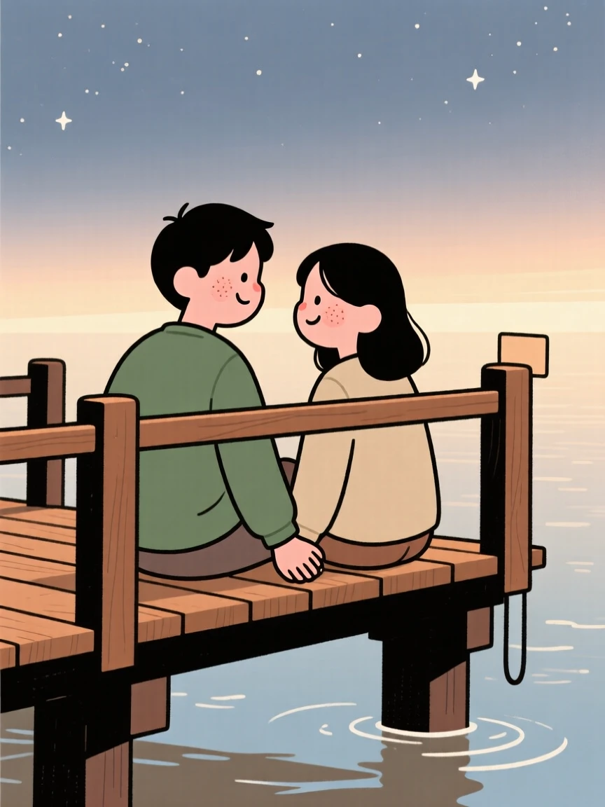 A couple shares a quiet moment on a pier railing at dawn, holding hands in comfortable silence as stars start to appear overhead surrounds them.