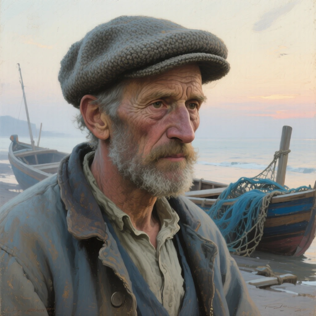 An intimate close-up of an elderly fisherman with a weathered face and deep-set eyes, at dawn, in the Edwardian era.