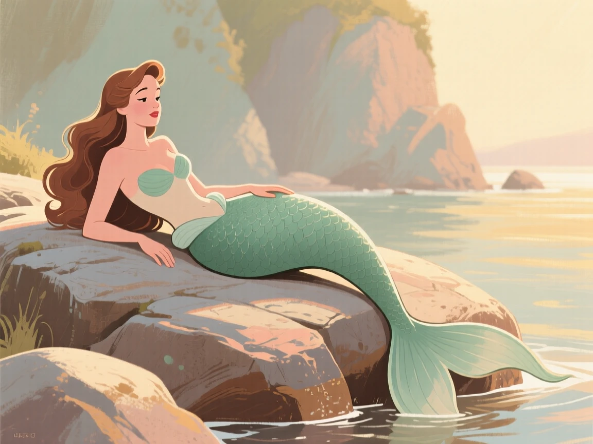 A mermaid resting on a rock at the edge of a hidden cove