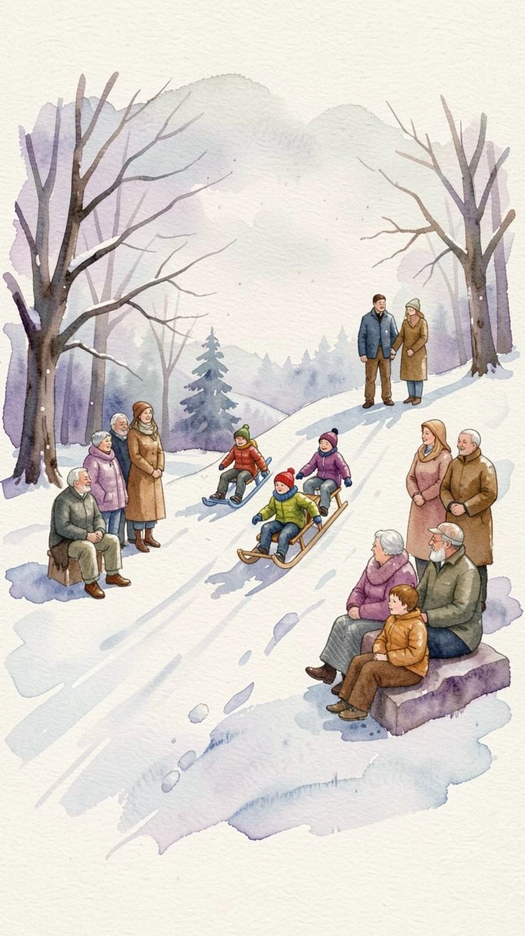 Kids sledding down a snowy hill surrounded by loving family nearby.