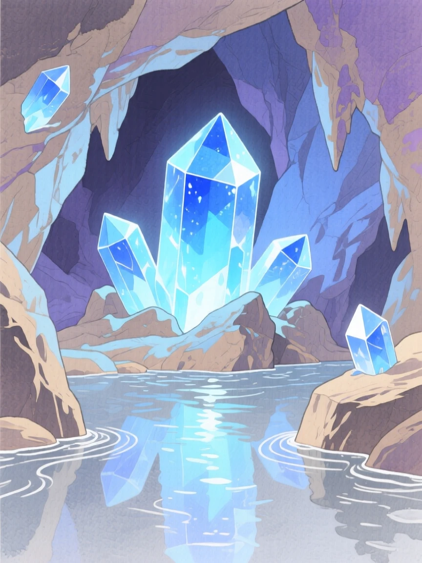 A crystal cave sparkles with glowing blue gems while an underground stream reflects the shimmering light above