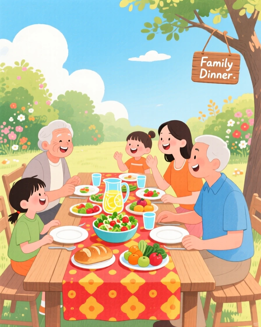 A family sharing a meal at a long outdoor table, full of warmth and laughter.