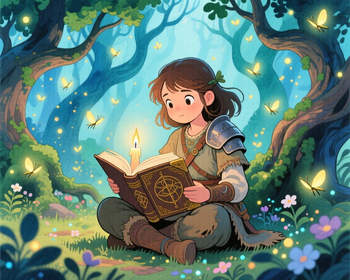 A brave village girl turned hero reading an ancient spellbook by candlelight, in an enchanted forest glowing with fireflies, brimming with enchantment and discovery.