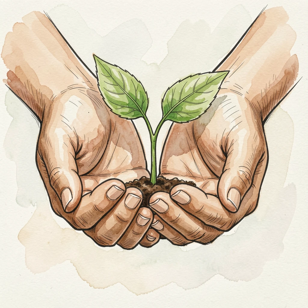 A pair of hands cupped gently around a small sprouting seedling, a feeling of quiet determination and resilience.