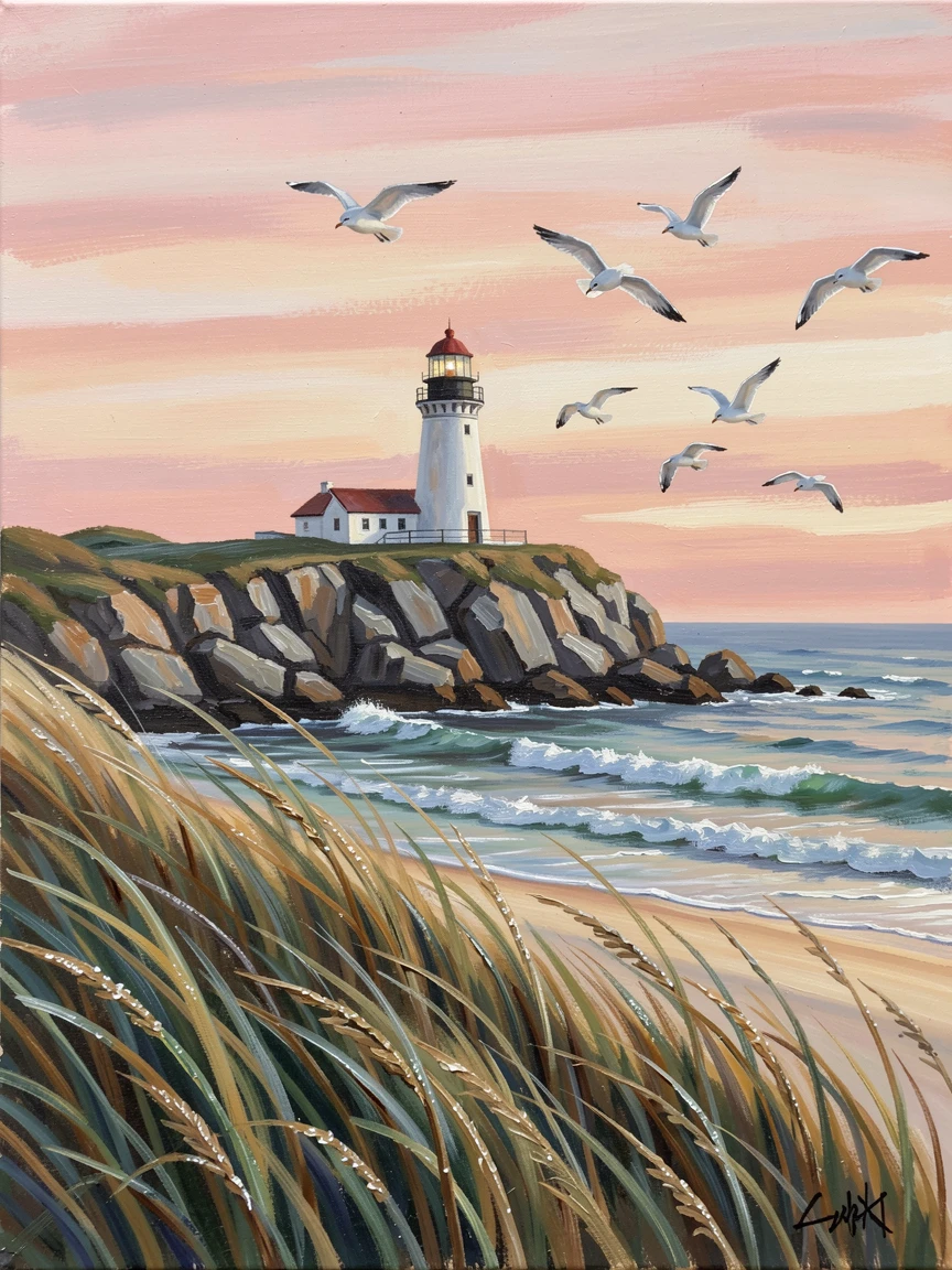 Beneath tall grass-covered dunes, a lighthouse perched on a rugged headland, gulls wheeling overhead as waves roll gently onto the shore, at sunrise, the sky streaked with soft pink and orange.