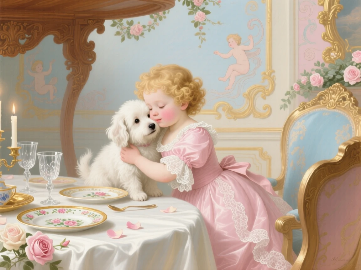 A child hugging a fluffy puppy beneath a table after a banquet  