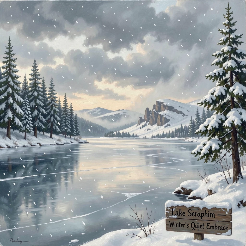 A frozen lake glistens beneath falling snow in the dead of winter.