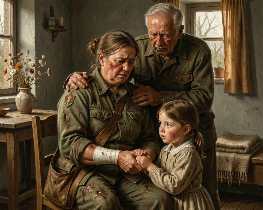 A wounded soldier being embraced by his family upon returning home, with hands clasped tightly, conveying connection and support, evoking deep emotion and a profound sense of shared humanity