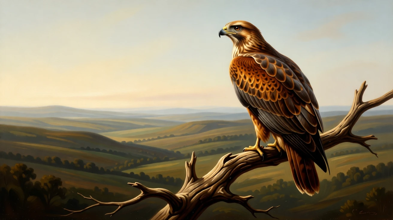 A hawk perched regally on a gnarled branch overlooking the valley in a fleeting instant of natural beauty rarely witnessed, set within an untouched wilderness far from human hands, with feathers, fur, or manes catching the light in fine, luminous detail; a low, respectful vantage point lends the creature quiet majesty, evoking wonder, majesty, and reverence for the natural world.