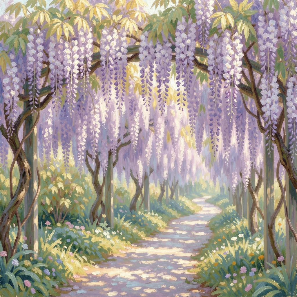 A cascading wisteria arbor in full bloom, purple blossoms hanging like curtains over a garden path, in early spring, conveying a feeling of romance and tranquility.