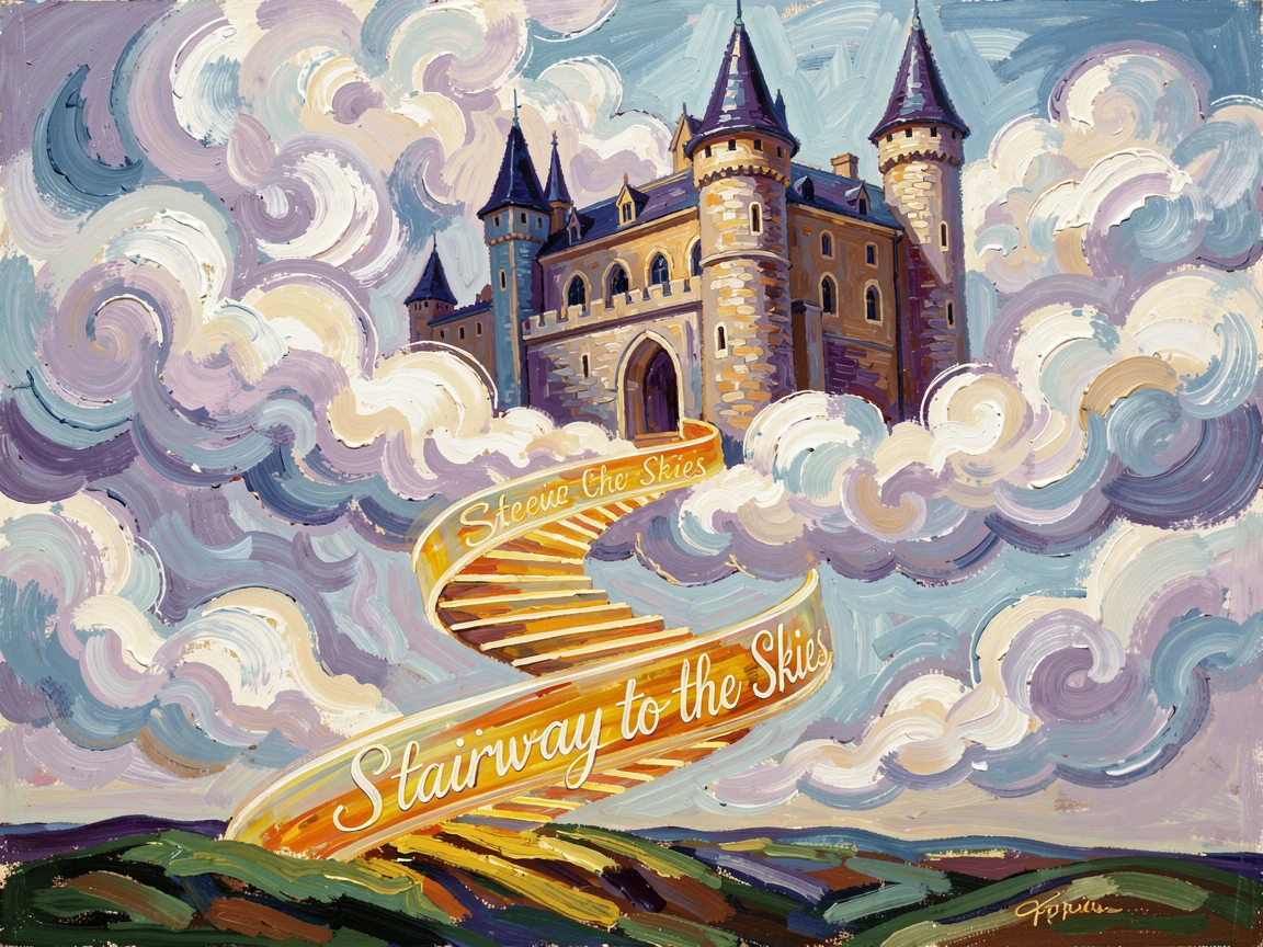 A castle suspended among the clouds, connected to earth by a spiraling staircase of light.