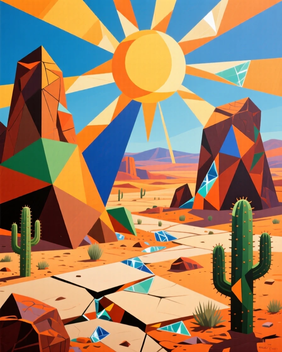 A dramatic atmospheric view of a desert landscape shimmering under an intense midday sun.
