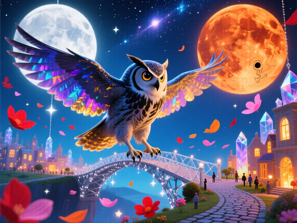 An owl with a tiny glowing city nestled between its wings walks across a bridge suspended between two moons, as flower petals fall gently from a clear sky.