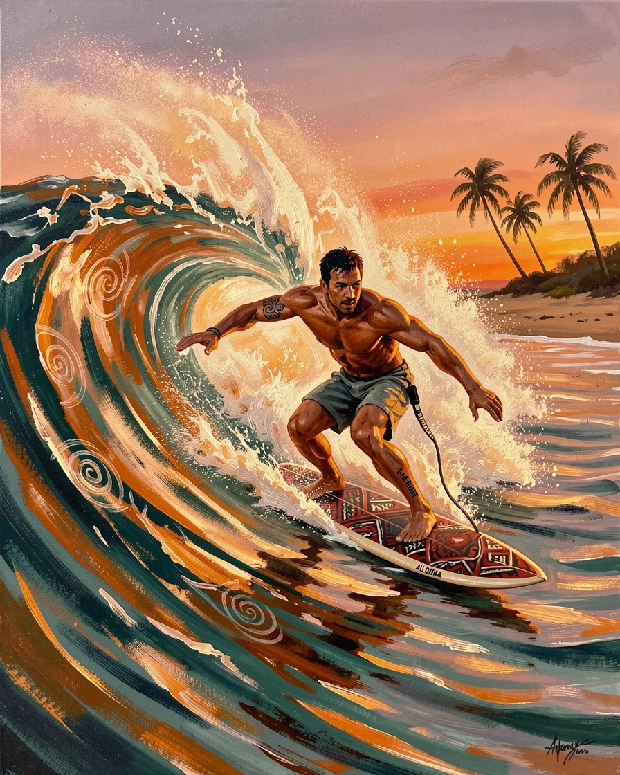 A surfer carves through a perfect barrel wave at sunset, spray catching golden light as the board slices cleanly through the curling water, small cultural details woven throughout the scene, grounding it in a specific time and place.