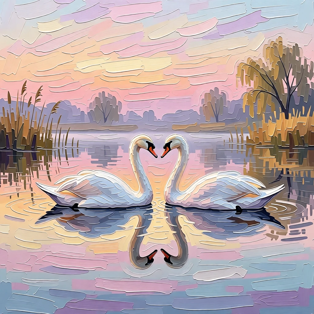 A pair of trumpeter swans gliding across a still lake at first light