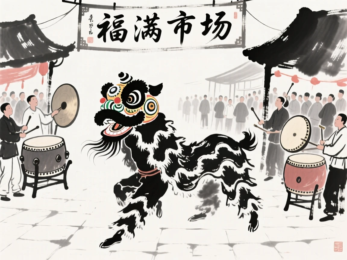 A lion dance troupe performs before a crowd gathered in a market square, with drums and cymbals sounding through the streets.