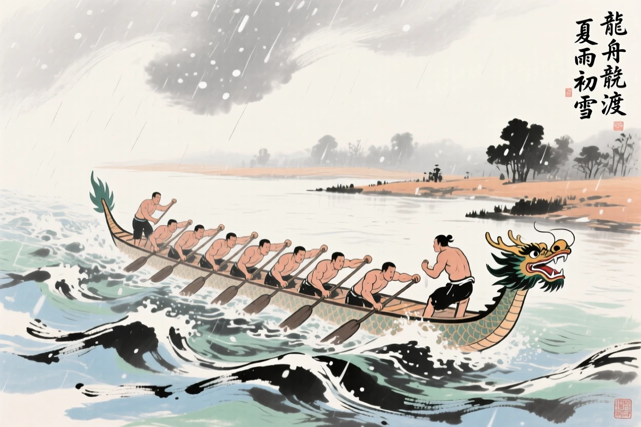 A dragon boat race with rowers straining against a swift river current, as summer rain begins to fall, beneath softly falling snow.