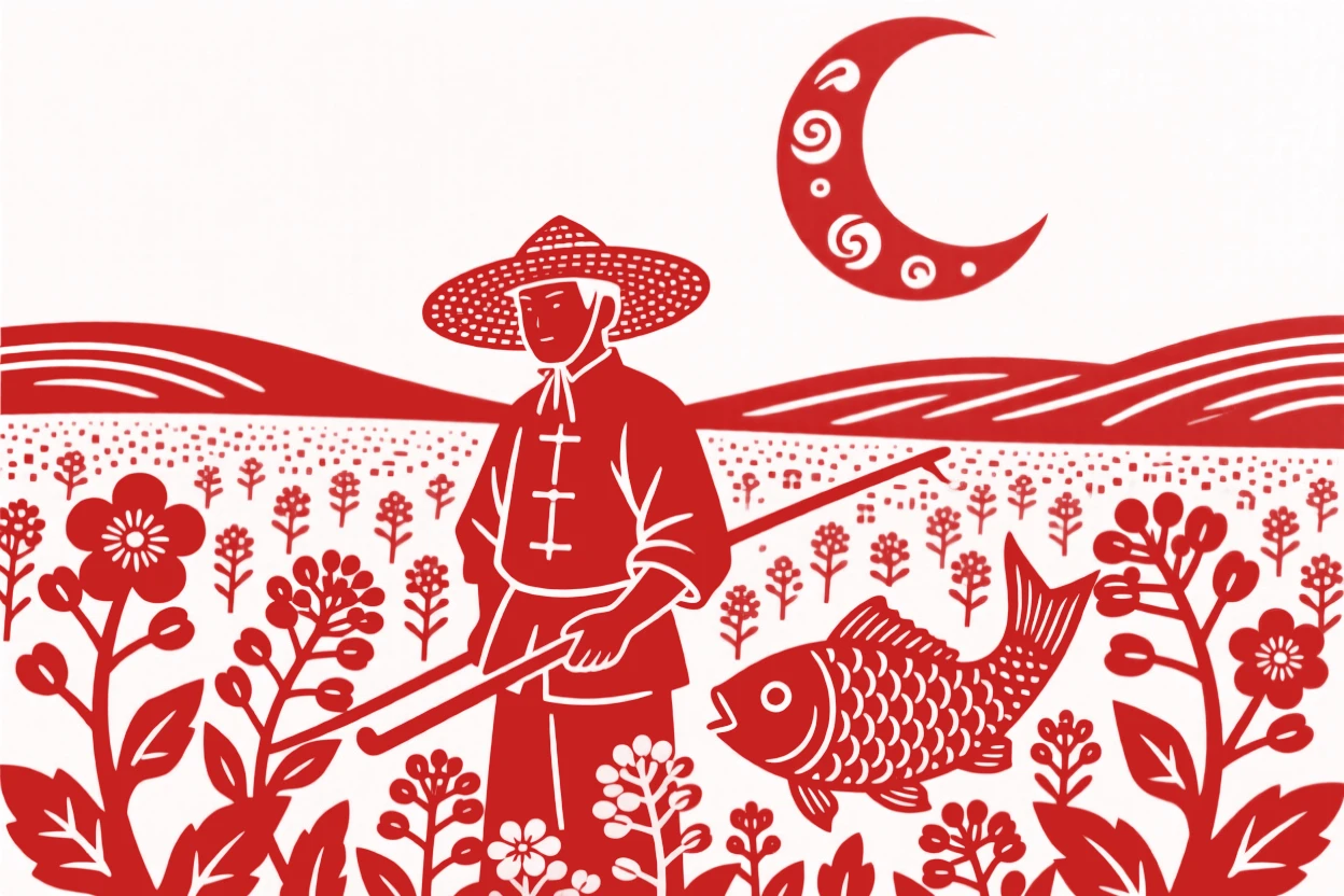 A composition of a fisherman in a straw hat through fields of blooming rapeseed, a crescent moon rising above the ridgeline.