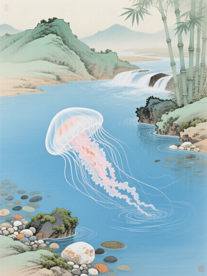 A jellyfish drifting in clear blue water near the mouth of a quiet mountain stream