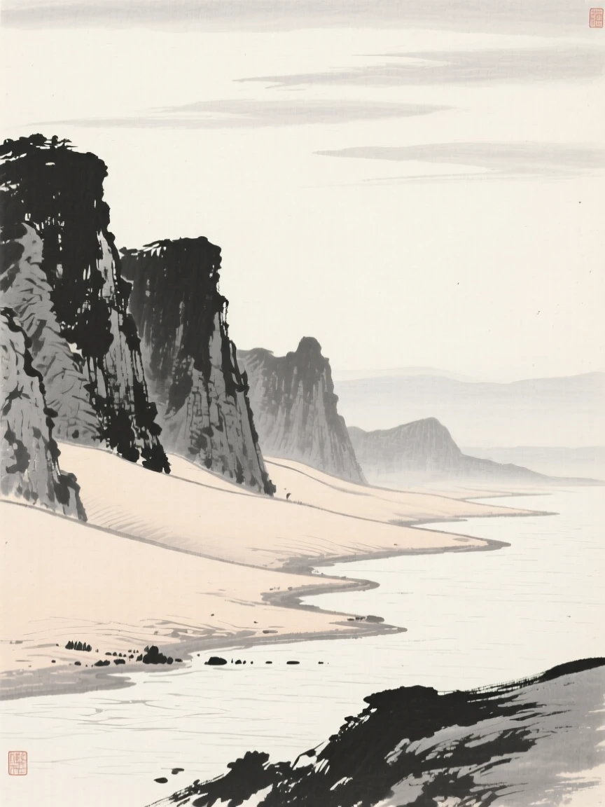 A wide desert dune ridge stretching under an open sky beneath towering rock walls softened by haze, seen from across the water, the far shore reduced to soft silhouette, suggesting the quiet vastness of the natural world.