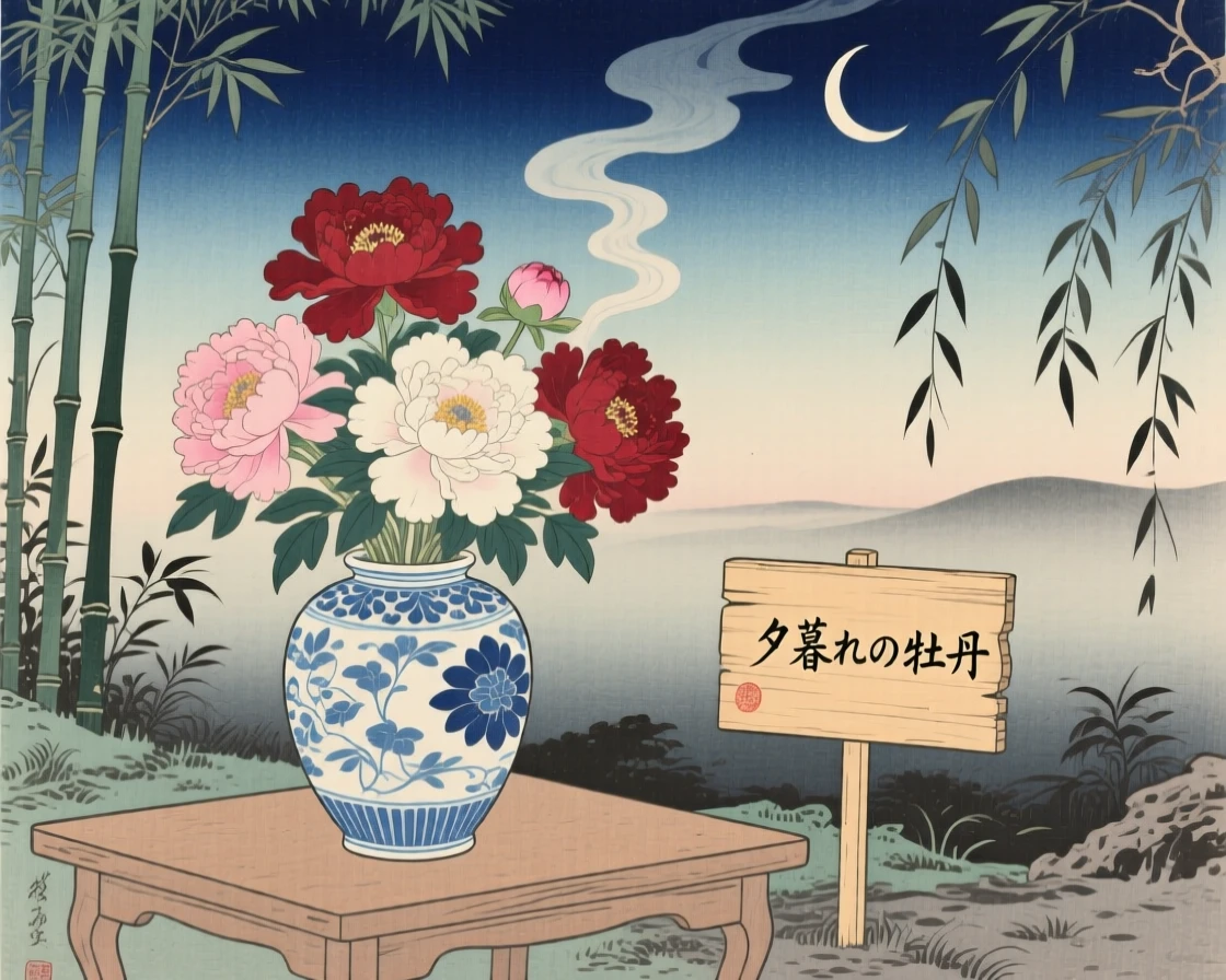 A vase of blooming peonies steaming gently in the evening air.