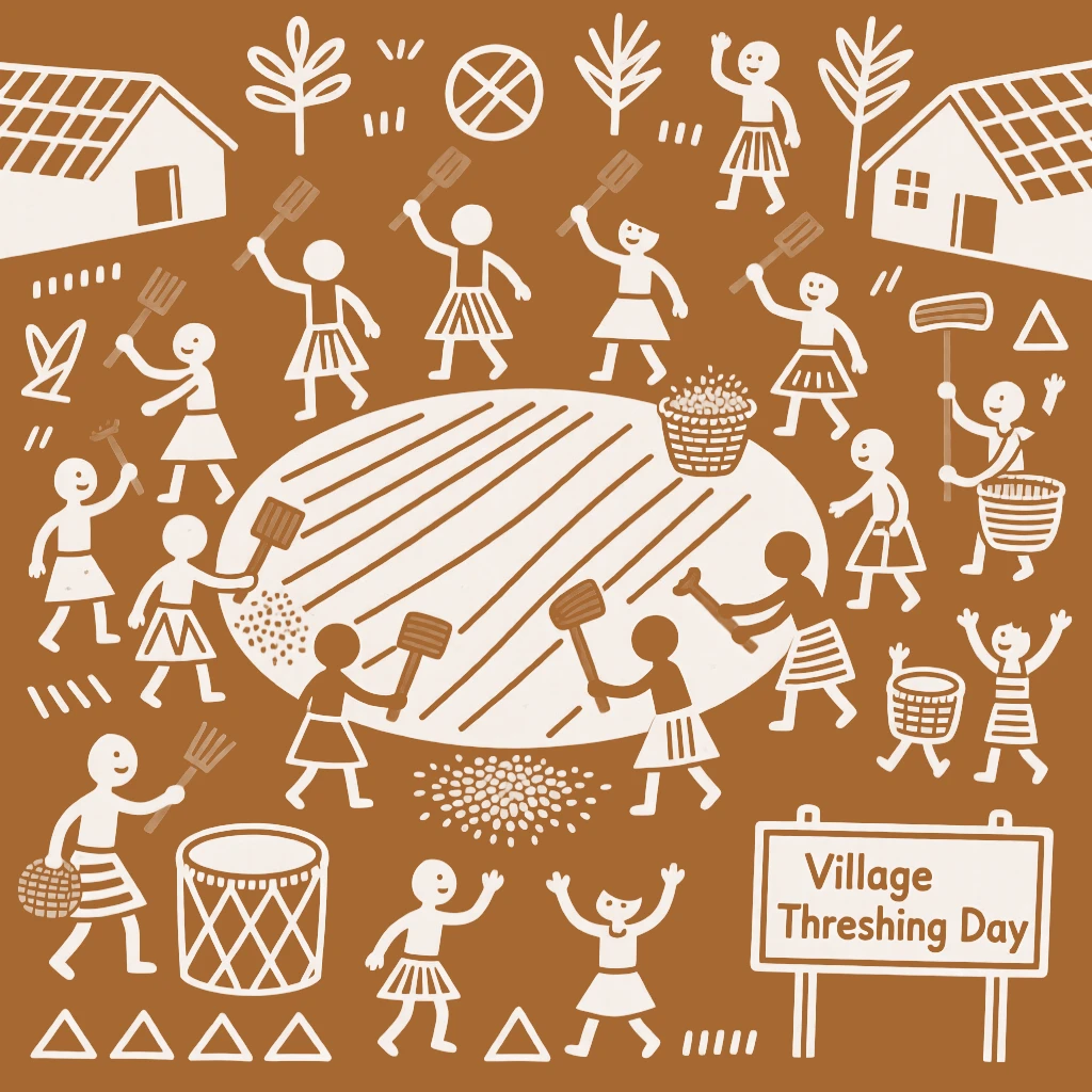 A composition centered on a village threshing circle gathered around by the entire village community.
