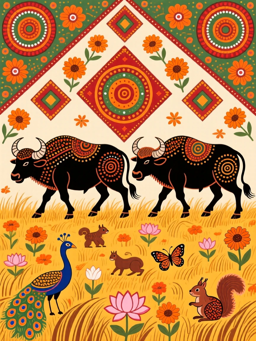 A herd of bison moving slowly across a golden autumn prairie.