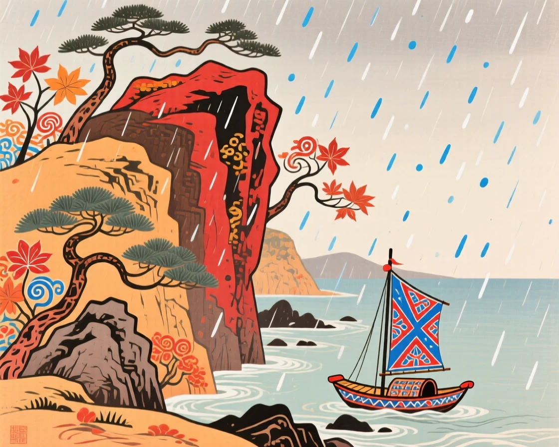 A coastal cliff, in a gentle autumn rain.